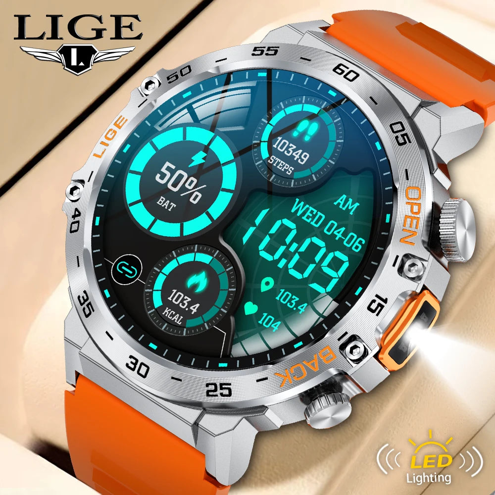 LIGE 2025 Smart Watch Men 360*360 AMOLED HD Screen Waterproof Sport Fitness Watches Flashlight New Men Smartwatch For Andrio IOS