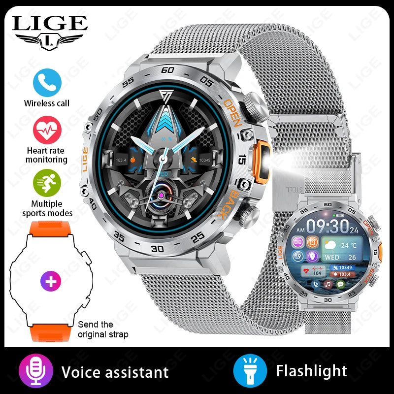 LIGE 2025 Smart Watch Men 360*360 AMOLED HD Screen Waterproof Sport Fitness Watches Flashlight New Men Smartwatch For Andrio IOS