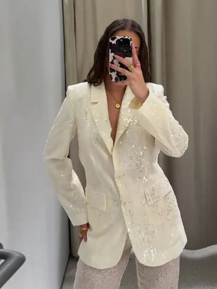Transparent Sequin Jacket Suit Pants Suits Women Sexy Lapel Single Breasted Jacket See Through Straight Pants Fashion Lady Sets
