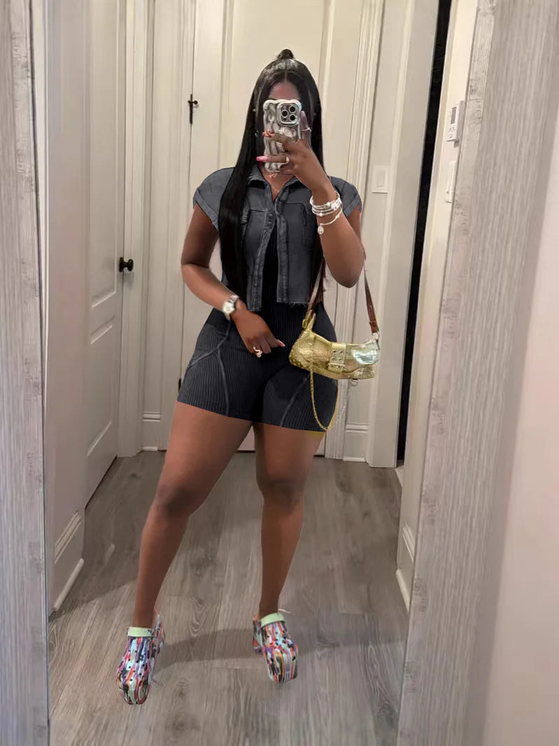 FAGADOER 2025 Spring New Casual Rib Bodycon Rompers for Women Sleeveless Coat + Spaghetti Strap Jumpsuits Casual Female Overalls