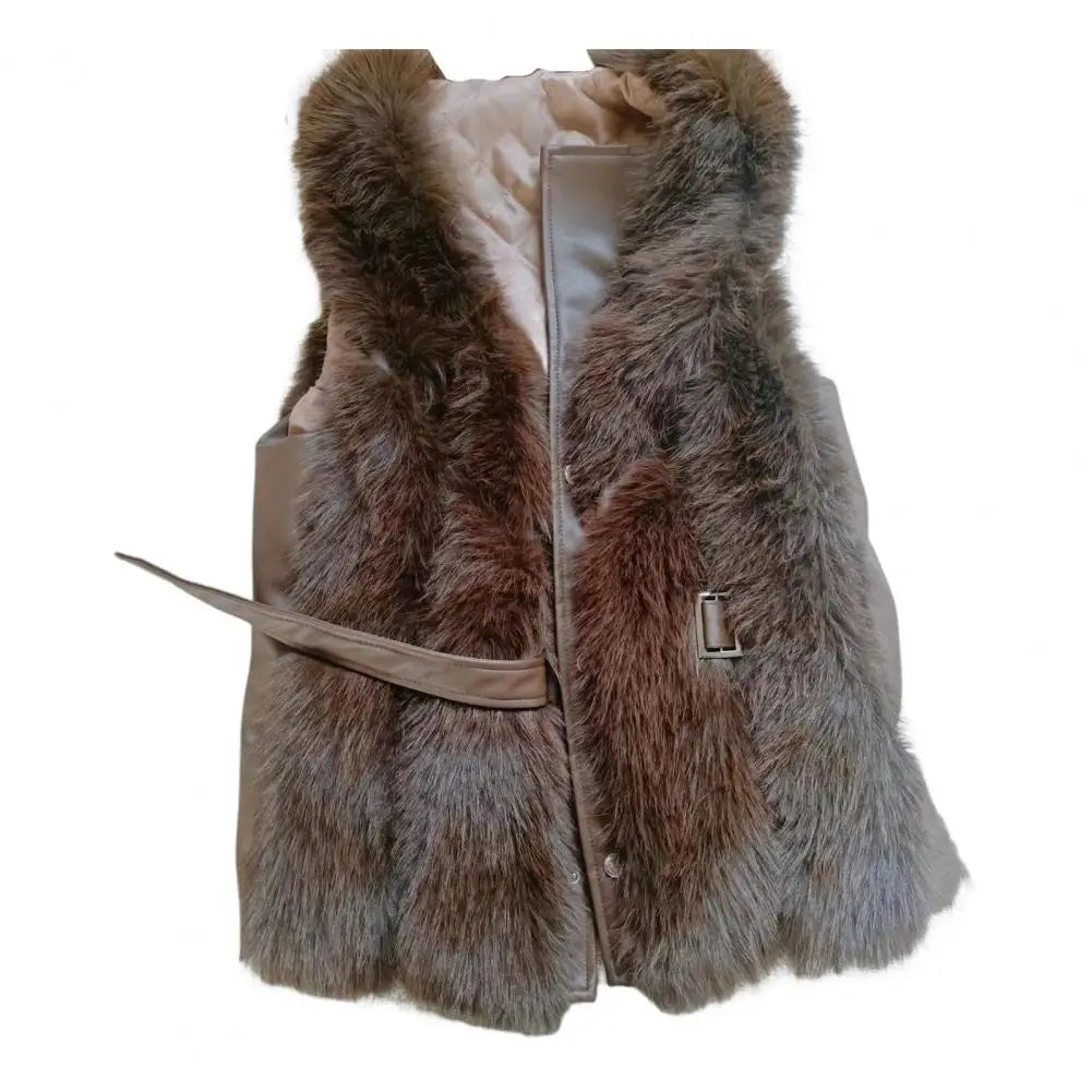 Winter Thick Fluffy Faux Fur Women Vest Coat Button Belt Patchwork Windproof Faux Leather Vest Sleeveless Waistcoat