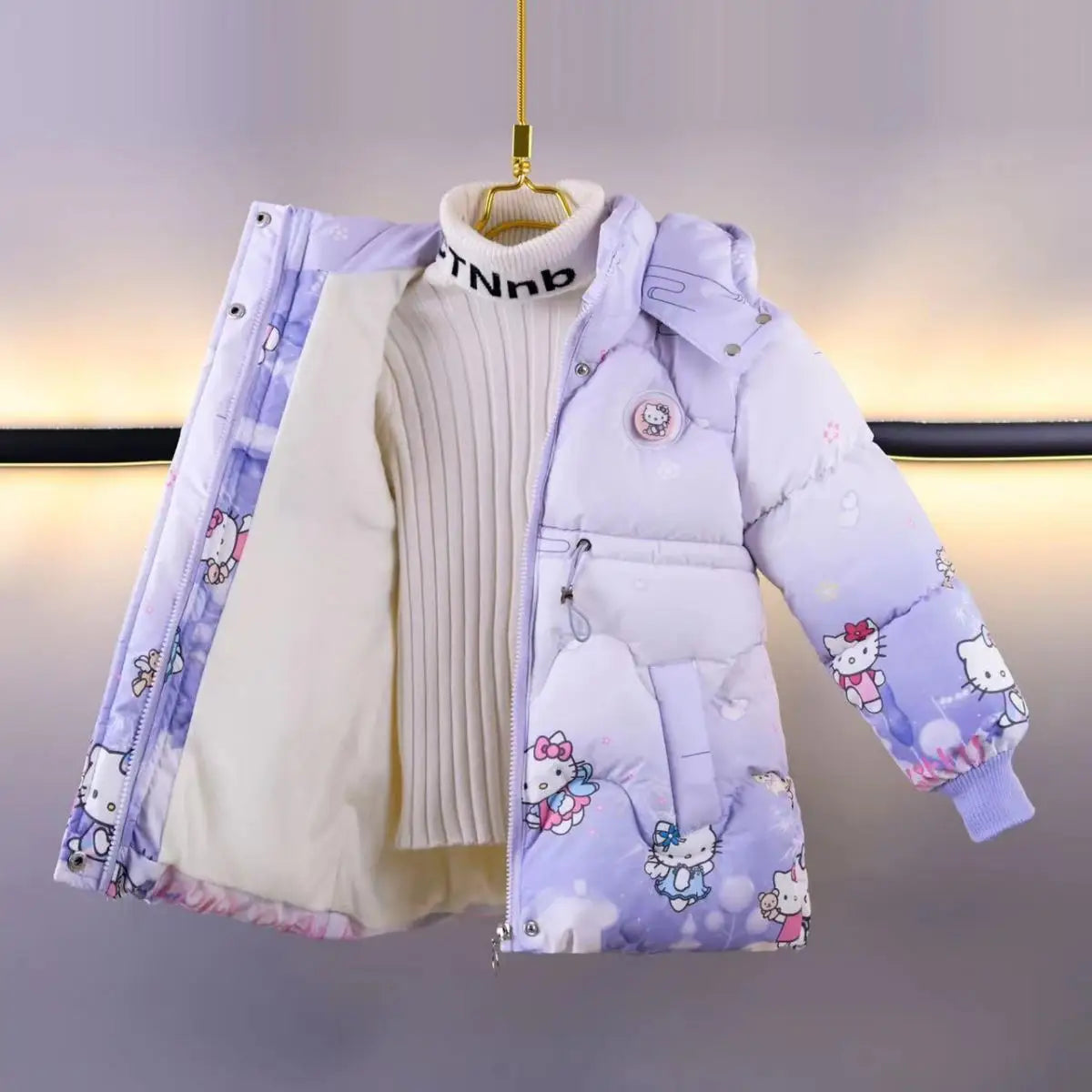 Baby Girl Outerwear 2025 New Winter Children Cartoon Hello Kitty Printed Plush Thick  Warm Princess Coat Zipper Hooded Parka+Bag