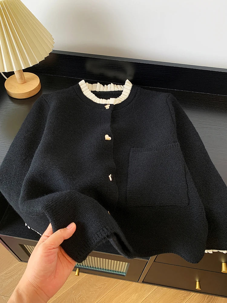 Women's Clothing 2025 Autumn New Love Button Knitted Cardigan Jacket Lazy Style Sweet Fashion Sweater Tops