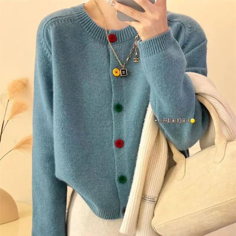Japanese Sweet and Fresh Round Neck Colorful Button Knitwear Coat Academy Style Western Versatile Sweater Women's Cardigan