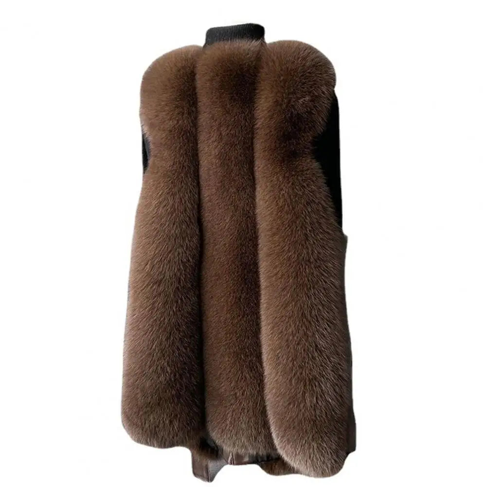 Winter Thick Fluffy Faux Fur Women Vest Coat Button Belt Patchwork Windproof Faux Leather Vest Sleeveless Waistcoat