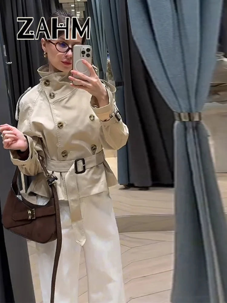 Fashion Women's Short Belt Jackets Long Sleeve Stand Collar Double Breasted Female Coat 2025 Autumn Lady Solid Outwear