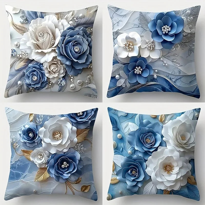 Blue White Floral Pillowcases - Jewelry Style Polyester Cushion Cover with Zipper Home Decor
