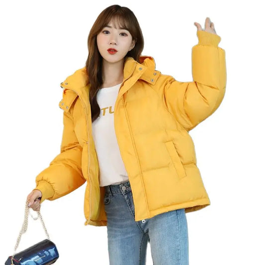 2024 Winter Women Jacket Yellow - Short Hooded Cotton Padded Waterproof Parka Coat