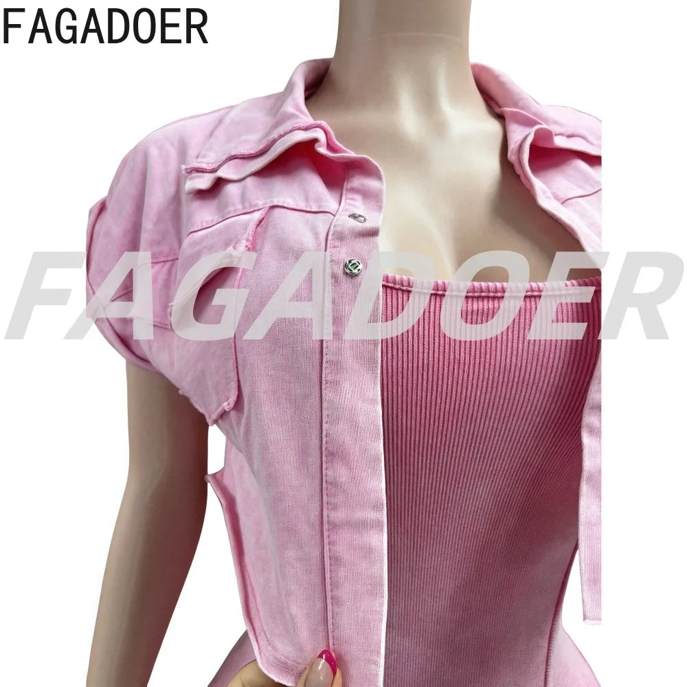 FAGADOER 2025 Spring New Casual Rib Bodycon Rompers for Women Sleeveless Coat + Spaghetti Strap Jumpsuits Casual Female Overalls