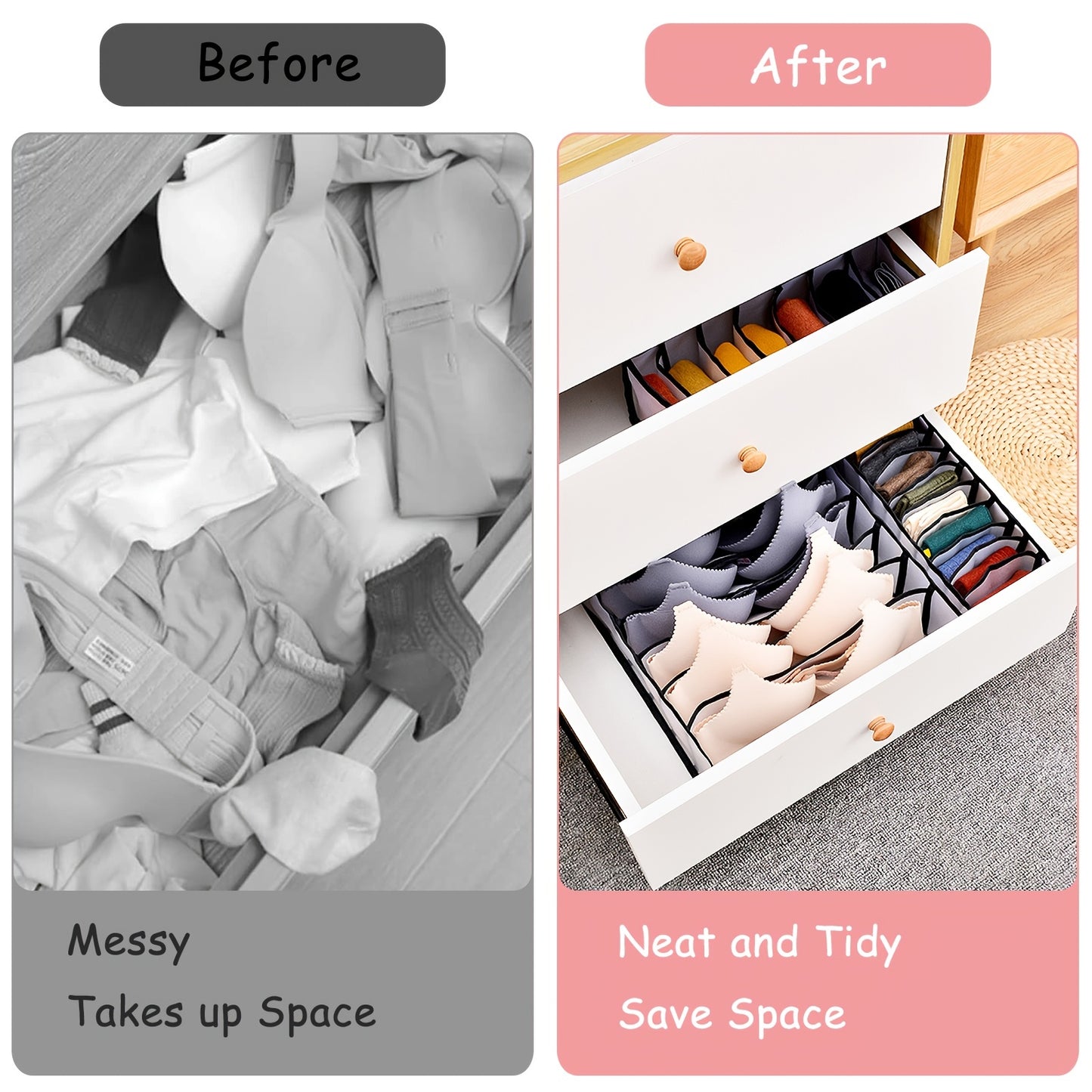 5pcs Foldable Nylon Bra Organizer, Closet Underwear Organizer Drawer Divider, Bra Underwear Drawer Organizer for Women Includes 6/7/7/11/11 Cell for Lingerie, Underwear, Socks, Ties(Black)