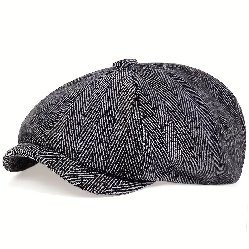 Men&Apos;S Retro Herringbone Flat Cap - Black Casual Beret with Vintage Style, Knitted Polyester, Perfect for Valentine&Apos;S Day, Everyday Headwear | Vintage Flat Cap | Knitted Texture